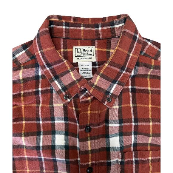 LL Bean Cotton Mens Flannel Button Up Long Sleeve Shirt Orange Plaid XL Tall - Picture 4 of 6